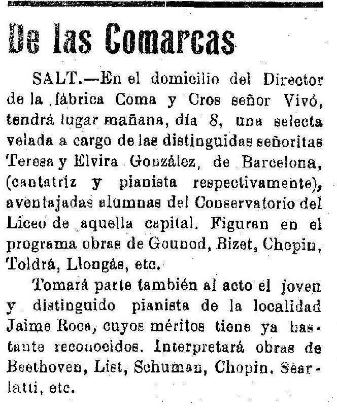 🗓️ 8 d'octubre de 1926

 🎹Es celebra un concert en el domicili del director de la Coma Cros, Joan Vivó, a càrrec de les alumnes del Conservatori del Liceu de Barcelona, Teresa i Elvira González, cantant i pianista, i del músic saltenc, Jaume Roca Delpech

#efemeridesSalt