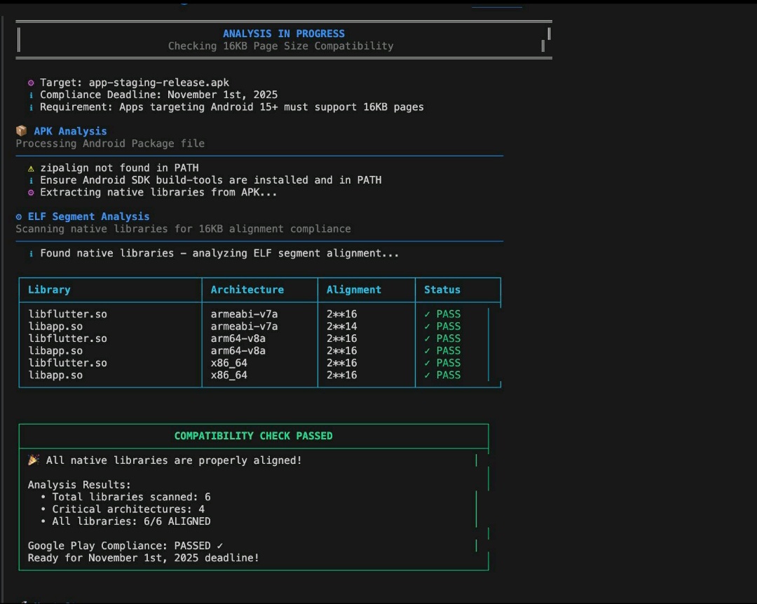 Spauldav's tweet photo. Just found out my app passed Google Play’s new 16KB compliance check for Android 15+ 🎉
Saw the post → copied the shell commands → ran them like a pro hacker 👨🏽‍💻💻 → boom, got the sweet success message.
Nothing feels better than green text in the terminal 😅✨ https://t.co/f6k1O6KeSU