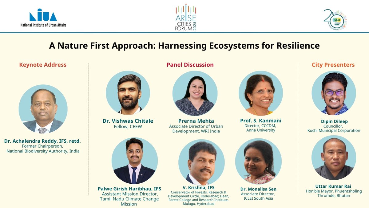 At #ARISECitiesForum2025, in the panel discussion titled "A Nature First Approach: Harnessing Ecosystems for Resilience," experts Dr. <a href="/AchalenderReddy/">Achalender Reddy</a>, IFS, retd., @vishch, Prerna Mehta, Prof. S. Kanmani, <a href="/krishna_ifs/">Krishna, IFS</a>, Palwe Girish Haribhau, IFS, <a href="/adv_dipin/">𝒜𝒹𝓋.𝒟𝒾𝓅𝒾𝓃 𝒟𝒾𝓁𝑒𝑒𝓅</a>, Uttar Kumar Rai, and