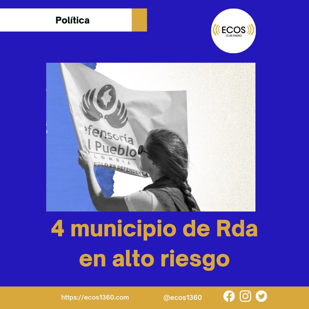Alerta Temprana Electoral clasificó cuatro  municipios de Risaralda en nivel de acción urgente ecos1360.com/alerta-tempran… <a href="/DefensoriaCol/">Defensoría del Pueblo</a> <a href="/PoliciaColombia/">Policía de Colombia</a> <a href="/MinInterior/">MinInterior Colombia</a> <a href="/mindefensa/">Mindefensa</a>