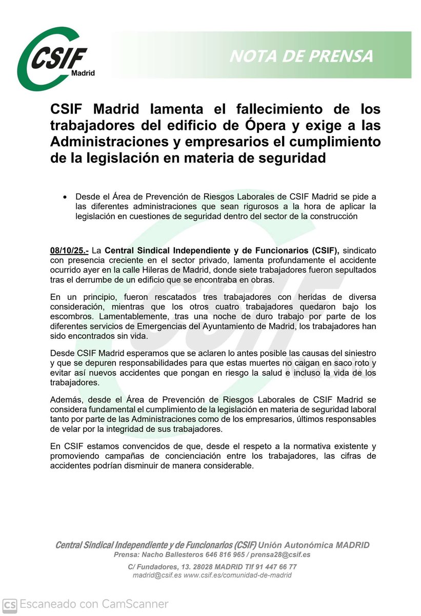 CSIF Madrid lamenta el fallecimiento de los trabajadores del edificio de Ópera y exige a las Administraciones y empresarios el cumplimiento de la legislación en materia de seguridad
Desde el Área de PRL de CSIF Madrid se piden rigurosas medidas y que se depuren responsabilidades