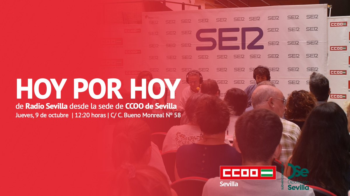 📻¡Mañana enchufa la radio!

🎙️Porque el programa <a href="/HoyPorHoy/">Hoy por Hoy</a> de <a href="/RadioSevilla/">Radio Sevilla</a> se emite desde nuestra sede a partir de las 12:20 horas.

🗣️Abordaremos los retos sindicales actuales en el mundo del trabajo. 

¡No te lo pierdas! En la 103.2 de la FM o en cadenaser.com/radio-sevilla/