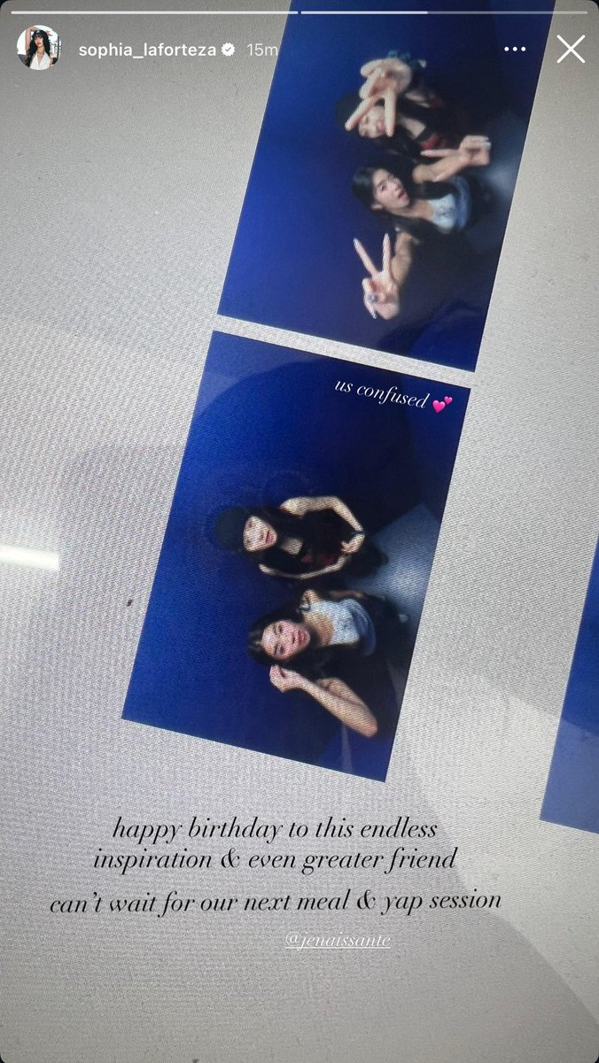 FIMBASE's tweet photo. Sophia of KATSEYE posted an Instagram story for YUNJIN’s birthday, and YUNJIN reposted it! 🤍

“happy birthday to this endless inspiration & even greater friend, can't wait for our next meal & yap session” 

“ilysm 🤍🥲 dinner on me next time”

#HUHYUNJIN #허윤진
#LE_SSERAFIM #르세라핌