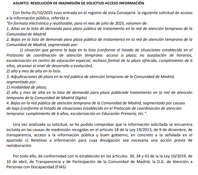 😡Ayuso incumple su Ley de Transparencia y no publica cuál es la demora para acceder a una plaza de tratamiento de Atención TEMPRANA

La demora llegó a ser de 4 AÑOS. Lo sabíamos a base de solicitudes de transparencia.

Ahora ya ni eso 

Sin transparencia no hay democracia
