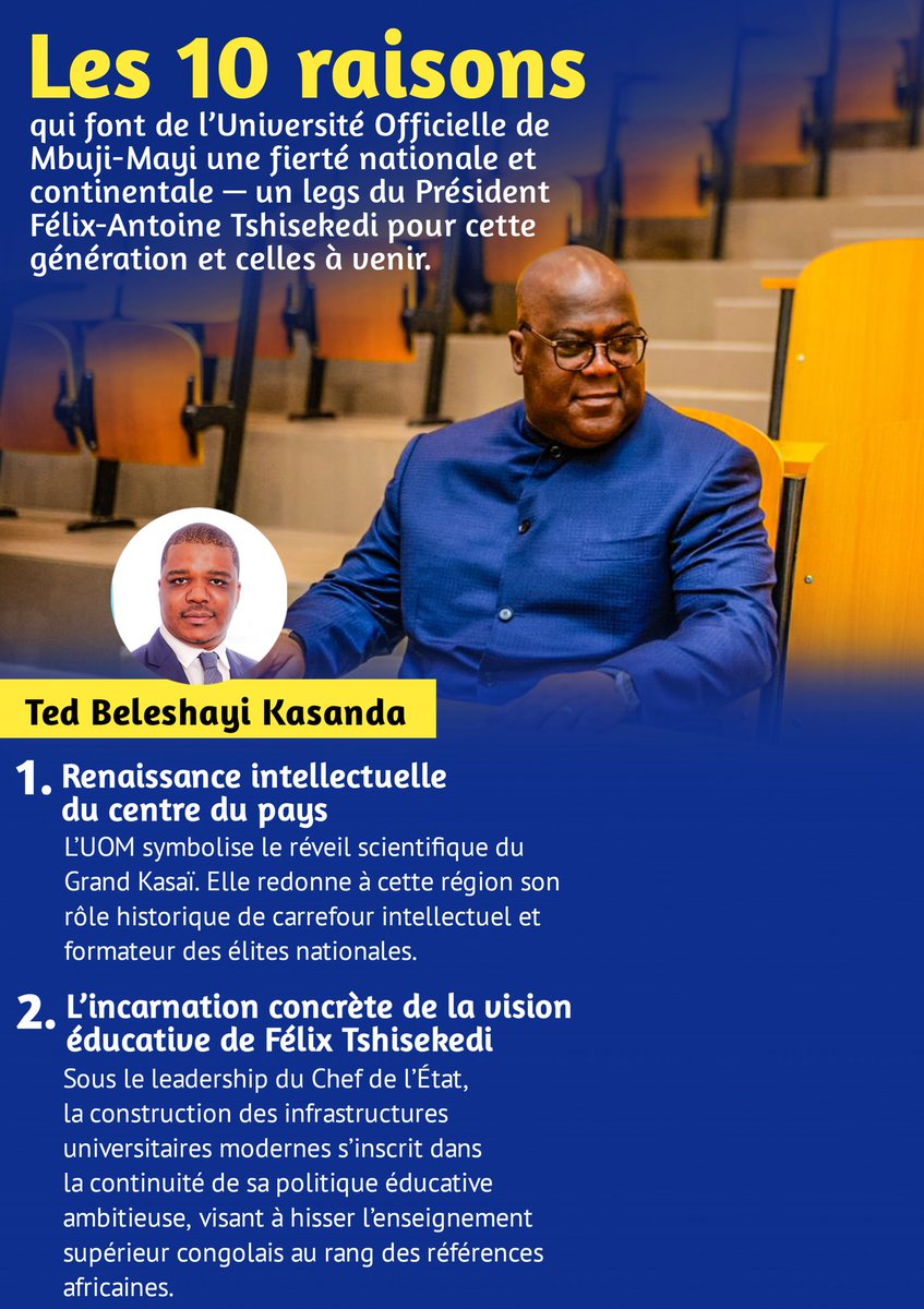 Inaugurée le 6 octobre 2025 par S.E. <a href="/fatshi13_/">Félix A. Tshisekedi</a>, l’Université Officielle de Mbuji-Mayi symbolise l’essor d’un enseignement supérieur moderne et ambitieux.
Sous le regard visionnaire de <a href="/juantedbelkas/">Ted Beleshayi</a>, voici 10 raisons qui font de l’UOM une fierté nationale et continentale.