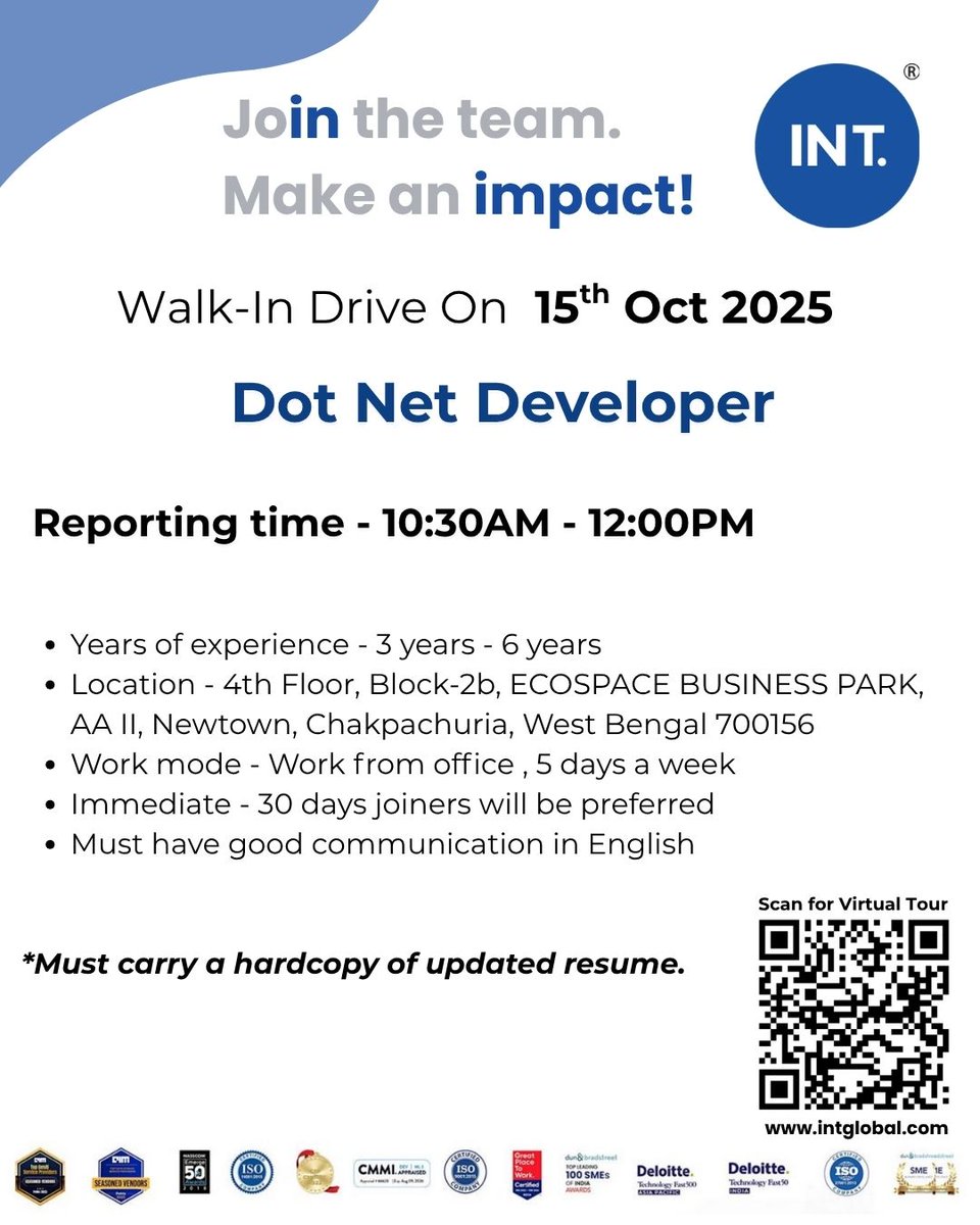 indusnettech's tweet image. Walk In Drive at Indus Net Technologies!
#walkindrive #dotnetdeveloper #Kolkatajobs #dotnet #Hiringalert