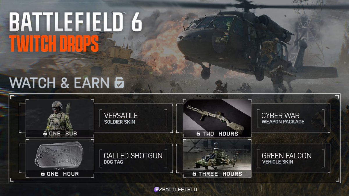 #Battlefield6 Twitch Drops Info 📌

▪️ The 'Versatile' soldier skin can only be unlocked by subscribing or gifting a subscription to the community of an eligible channel. Eligible subscriptions include:

🔹 New monthly subs (any tier)
🔹 Multi-month subs (3-month, 6-month)
🔹