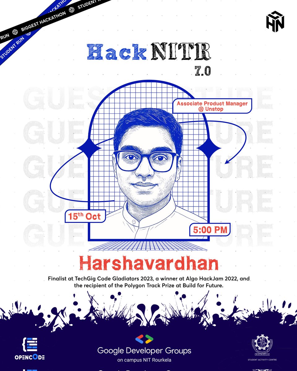 hacknitr's tweet image. We’re glad to announce that Harshavardhan Bajoria ,@hvbajoria  will be joining us for an exclusive session at HackNITR 7.0!
🗓️ Date: 15th October
⏰ Time: 5:00 PM
🔗 Link to join :meet.google.com/csv-kguh-yoe
👨💻 About the Speaker:
AI & Product Innovation @Unstop_World