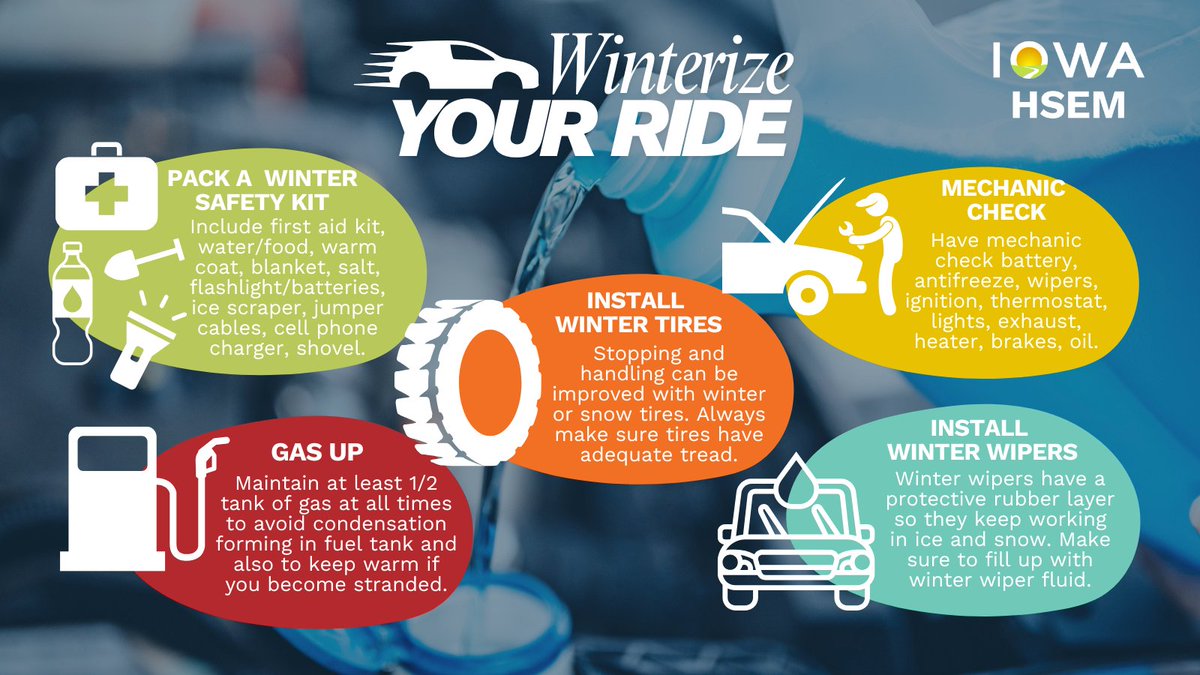 IowaHSEM (@iowahsem) on Twitter photo Is your vehicle ready for #winter? Have you packed your winter #emergency car #kit yet? 🥶 ❄️ 🎒
If not, here is your reminder! Before Jack Frost starts nipping at your windshield, it’s time to winterize your ride.
Ready.iowa.gov/winter-weather  #ReadyIA Is your vehicle ready for #winter? Have you packed your winter #emergency car #kit yet? 🥶 ❄️ 🎒
If not, here is your reminder! Before Jack Frost starts nipping at your windshield, it’s time to winterize your ride.
Ready.iowa.gov/winter-weather  #ReadyIA