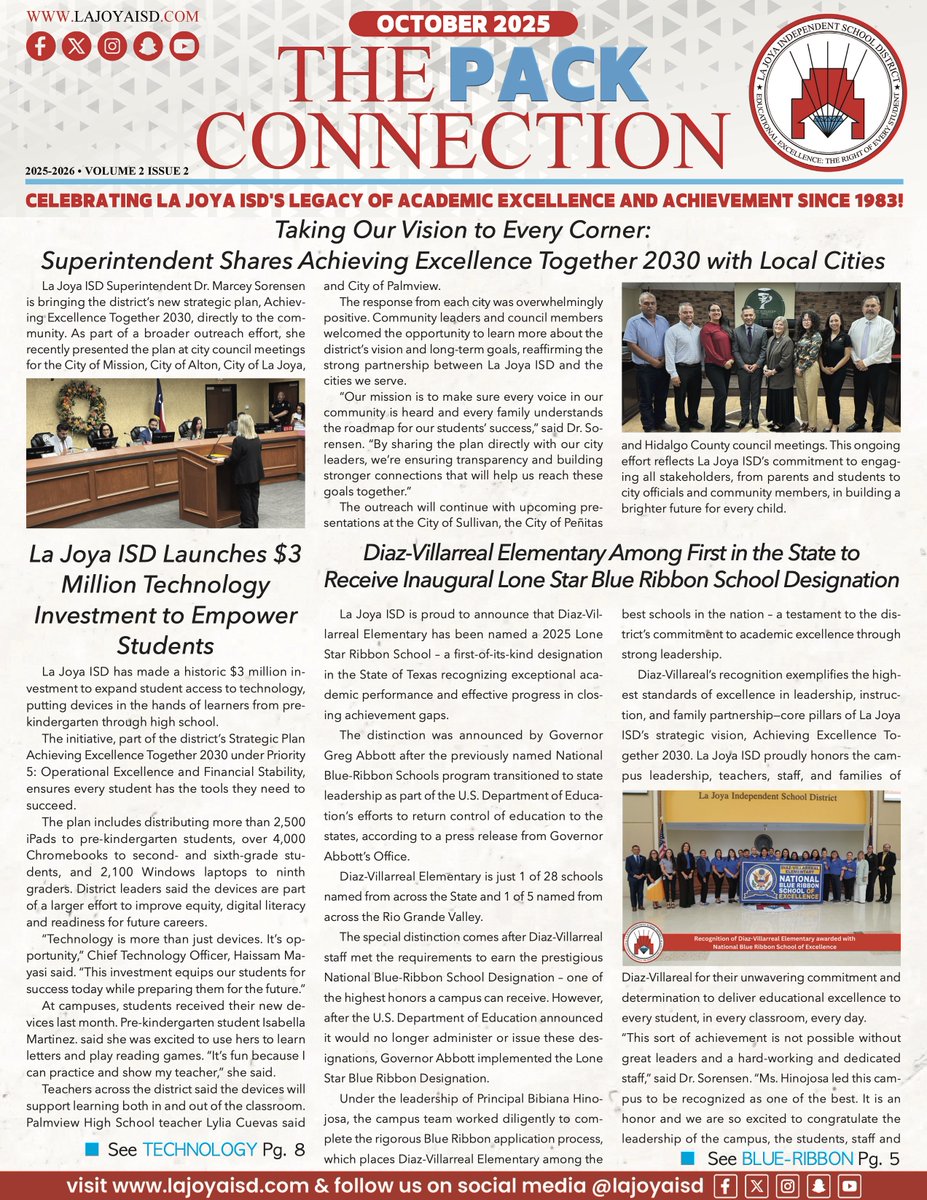 🍁 The Pack Connection | October 2025 Edition is here! 🐾
From celebrating our first Lone Star Blue Ribbon School 🏅 to launching a $3 million student technology investment 💻 and empowering future leaders across La Joya ISD. This issue is filled with stories of growth,