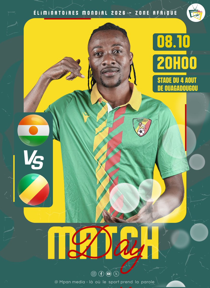 MpanMedia's tweet photo. ÉLIMINATOIRES COUPE DU MONDE 2026 – ZONE AFRIQUE (JOURNÉE 9) 

🎯 JOUR DE MATCH
🆚 Niger vs Congo
🏟️ Stade du 4 Août – Ouagadougou
🕗 Coup d’envoi : 20h00

#ElimMondial2026 #DiablesRouges #TeamCongo #NIGRCG
Mpan Média   #Actualité #Sport #Congo #Brazzaville https://t.co/KIclwkWZen