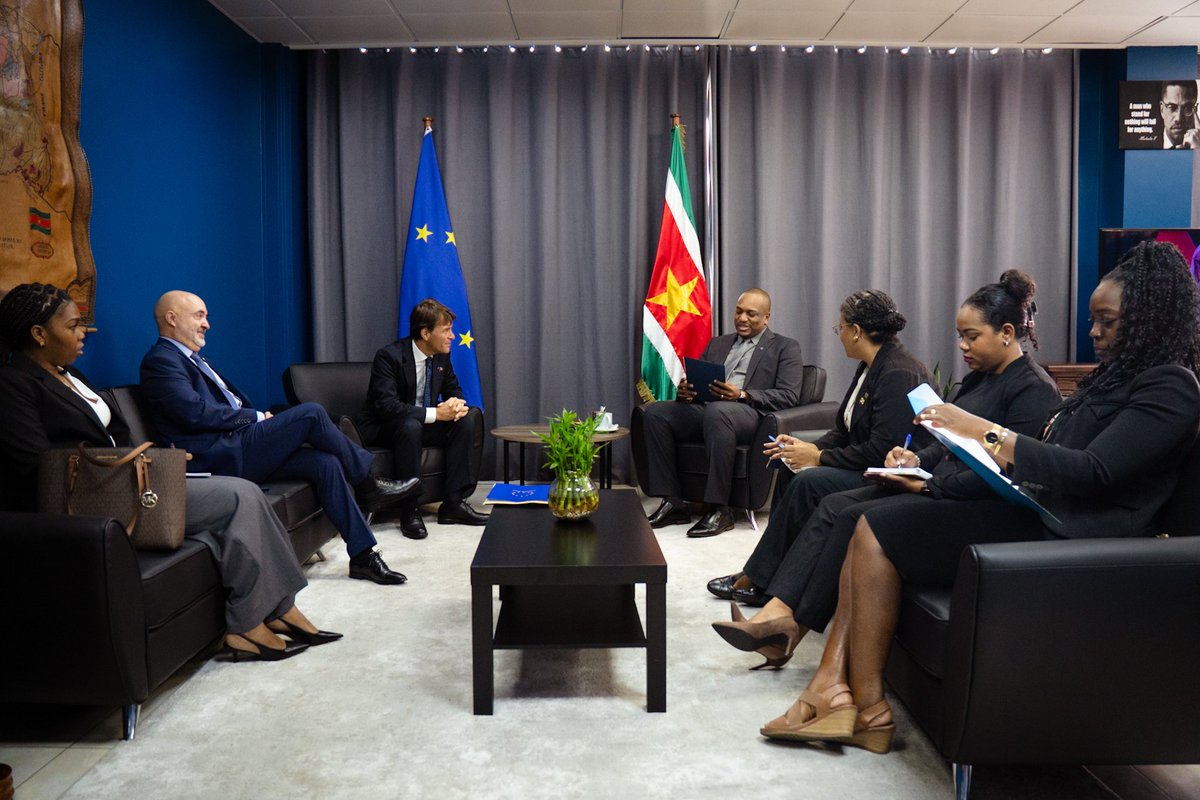 On Oct 8, 2025, Minister Bouva received the new EU Ambassador Luca Pierantoni. They discussed strengthening EU-Suriname partnership in trade, climate action &amp; sustainable development. He also thanked former Ambassador René van Nes for his contributions to bilateral relations.