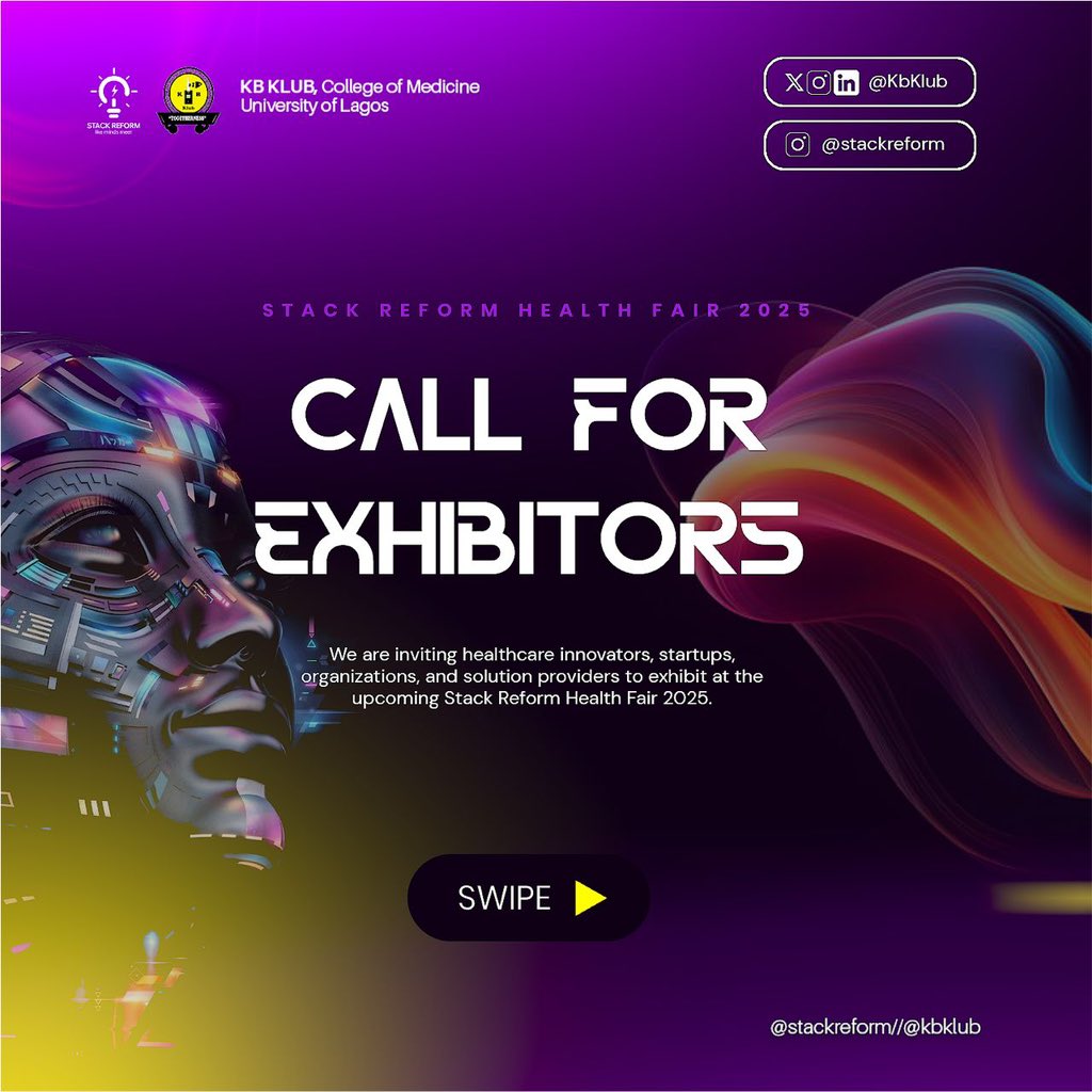 KBKLUB's tweet image. CALL FOR EXHIBITIONS

Calling all healthcare innovators, startups, and bold changemakers , this is YOUR stage! 

The Stack Reform Health Fair 2025 is opening its doors to exhibitors ready to showcase groundbreaking ideas, smart tech, and disruptive healthcare solutions.
#stack