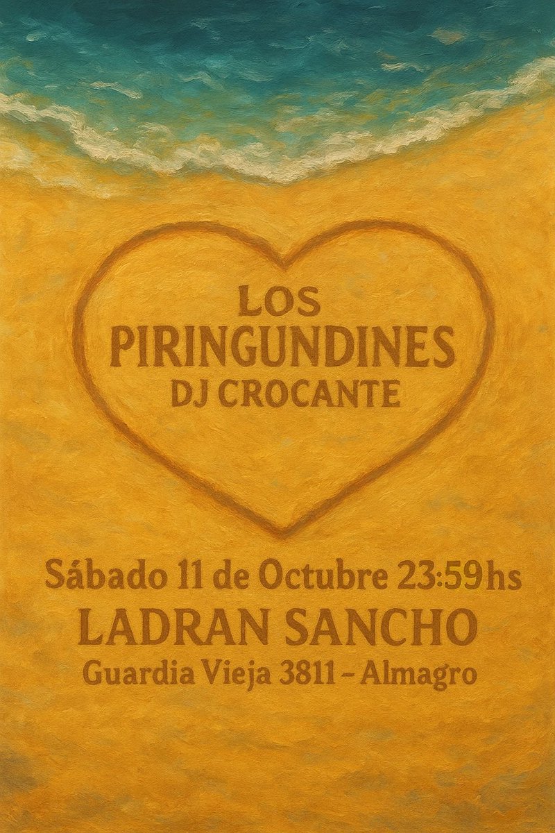El corazón se nos agranda y se nos dibuja en la arena porque este sábado a partir de la medianoche hay <a href="/Piringundines/">Los Piringundines</a> en vivo en <a href="/ladransantxo/">Ladran Sancho</a> 
Banda, patio, DJ y jarana hasta las 4 de la mañana en una fiesta que no puede parar 
Compartimos la noche con #FarofaFina 🌸