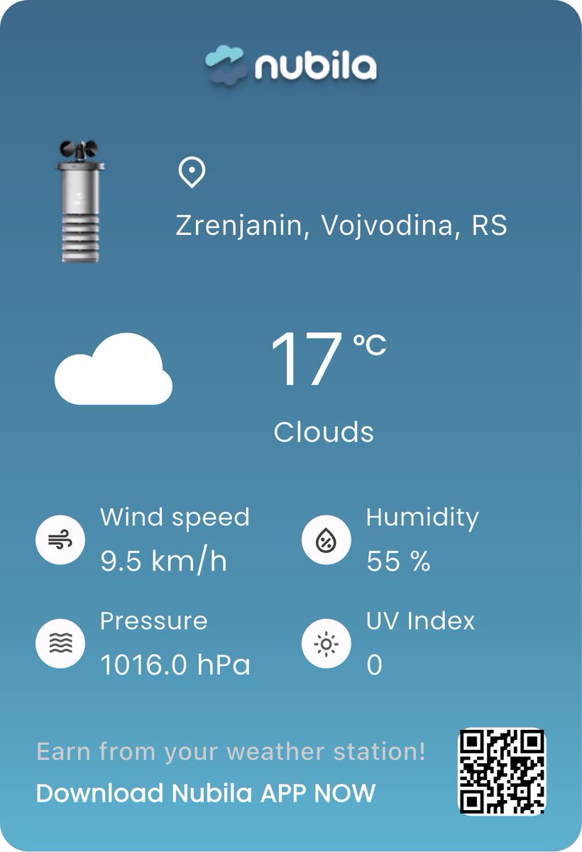 I'm sharing today's real-time weather from Zrenjanin, Vojvodina, RS on the <a href="/nubilanetwork/">Nubila Network</a>. 🌡️17°C, 💧55%, 💨9.5km/h, 📊1016.0hPa, ☀️UV:0. Join me and earn rewards for spreading real-world weather! 🌤️ #MarcoWeather #Nubila #WeatherToEarn