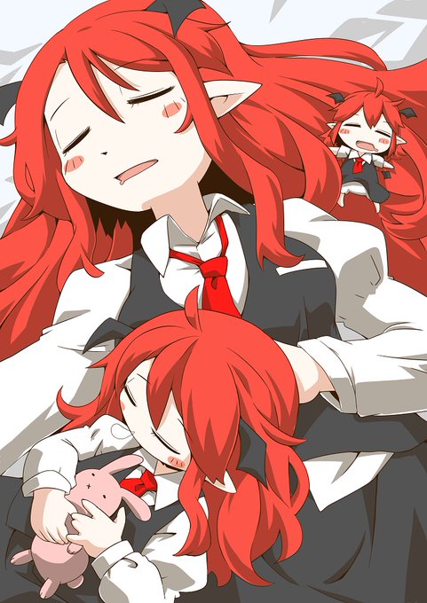 個室を貰う前の小悪魔(大)。ベッドに横になると小さいのがくっついてくる。 