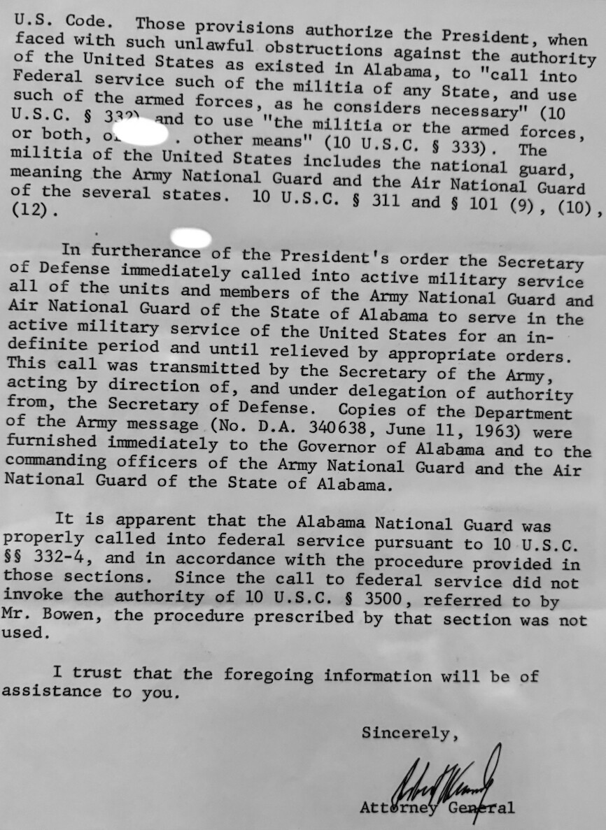 🚨Last night, Trump posted a picture of this letter, signed by the AG, dated June 11, 1963.

It outlines the legal basis under U.S. Code sections and details the actions taken by the President when the Alabama Army National Guard and the Alabama Air National Guard were activated