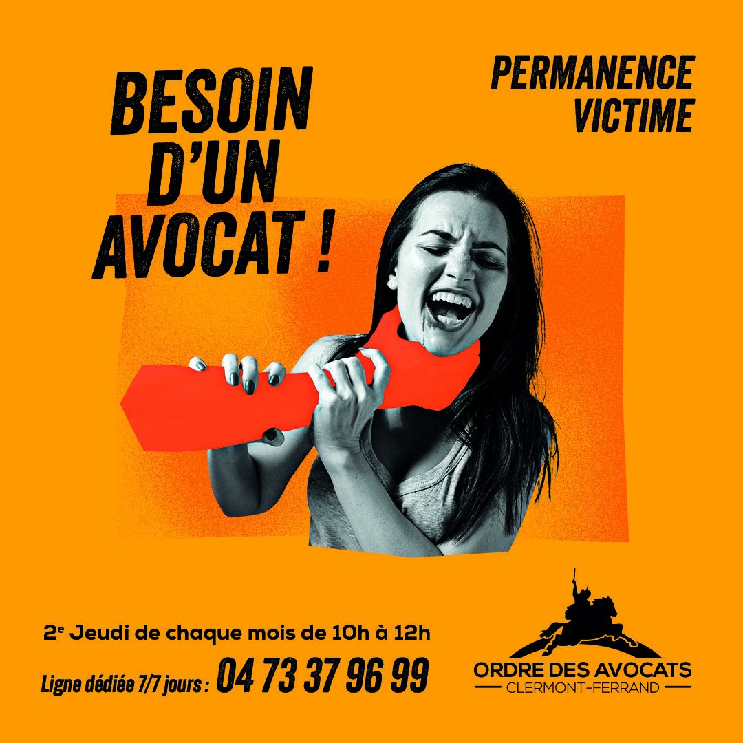 Vous êtes victime d’une infraction pénale (vol, violences, agression, incendie de voiture, etc...), la Permanence juridique Victime, c'est tous les 2e Jeudi de chaque mois, de 10h à 12h à la Maison de l'Avocat, au 9 rue Lamartine à Clermont-Fd. C'est gratuit et sans rendez-vous.