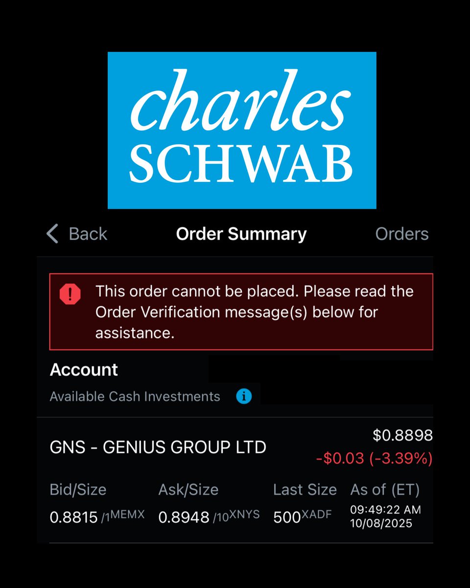 xMarketNews's tweet image. BREAKING🚨MARKET MANIPULATION BY BROKER
TODAY, Schwab blocked the buy button for Genius Group $GNS for the first time ever.
HOURS LATER, it’s revealed the company went into a DEFAULT ORDER in their $750M RICO lawsuit against defendant.
Corrupt, repost to spread the word ⬇️