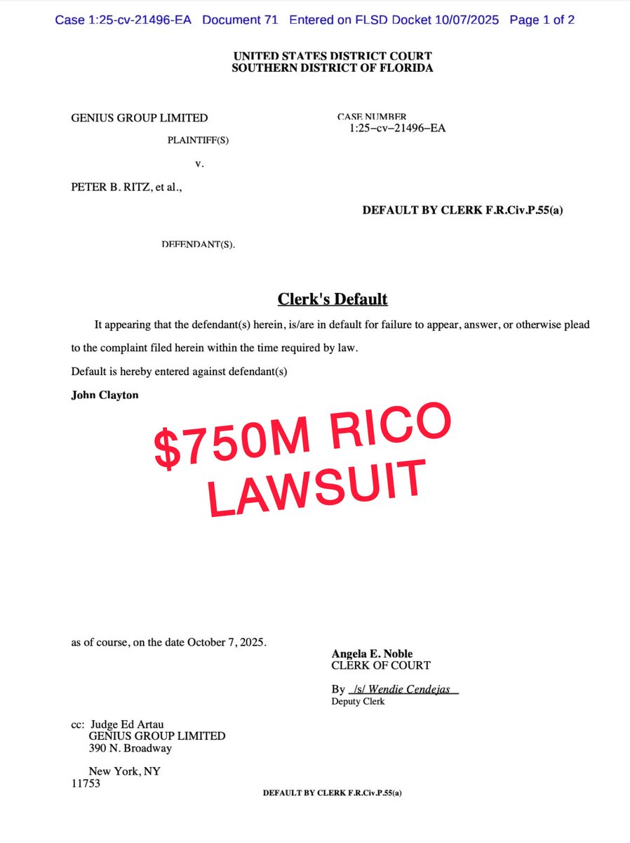 xMarketNews's tweet image. BREAKING🚨MARKET MANIPULATION BY BROKER
TODAY, Schwab blocked the buy button for Genius Group $GNS for the first time ever.
HOURS LATER, it’s revealed the company went into a DEFAULT ORDER in their $750M RICO lawsuit against defendant.
Corrupt, repost to spread the word ⬇️