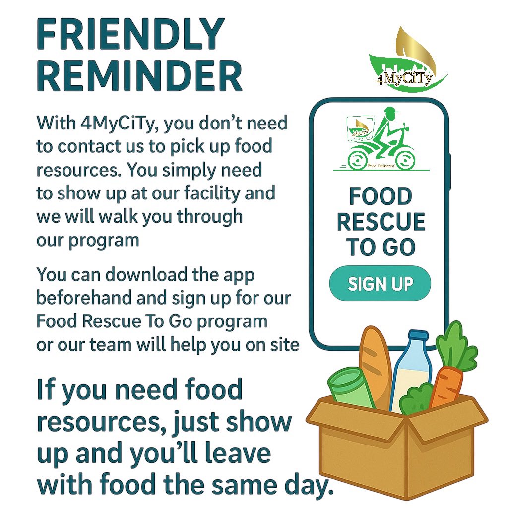 4MyCiTy2's tweet photo. 📍 Need Food? Just Show Up.. We’ve Got You. 🙌

No need to call. No need to email. Just come by.. we’re here to help.

If you or someone you know needs food assistance, 4MyCiTy is ready to support.. no appointment required.

✅ Location: 1133 Wilso Drive, Baltimore, MD 21223
🕙 Hours: Monday–Friday, 10AM–6PM
⏸️ Closed: 1PM–2PM daily for staff lunch

Our team will guide you through our Food Rescue To Go program to make sure you leave with food the same day.
You can also download the 4MyCiTy App to register ahead of time.. or we’ll help you get set up when you arrive.

🥕 Fresh food. No barriers. Dignified support.
All food distributed through 4MyCiTy is rescued food.. perfectly edible and safe, though it may not always look “grocery-store perfect.” Nothing we provide is expired, and every item helps reduce waste while feeding our community.

♻️ Join a Movement of Change
At 4MyCiTy, you’re not just joining a food program.. you’re becoming part of a sustainability movement.
Participants are asked to compost their food scraps as part of our Zero Waste to Zero Hunger initiative, helping turn rescued food into renewed resources for our planet.

💚 Please remember: Many of our team members are volunteers from the same community we serve. Let’s treat one another with patience, kindness, and respect. Disrespect or rude behavior will not be tolerated and you will be removed from our program. 

#4MyCiTy #FoodRescue #ZeroWasteToZeroHunger #Baltimore #CommunitySupport #Compost #JustShowUp #TogetherWeThrive