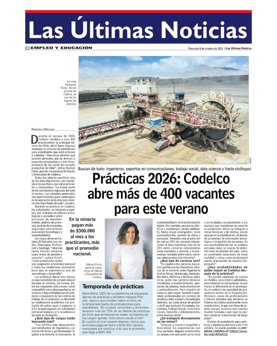 💬 “Buscamos jóvenes que quieran aprender, que se atrevan a presentar propuestas y a vivir la experiencia de ser parte del corazón productivo de Chile”.

🗞️ En entrevista con el diario Las Últimas Noticias, Marisol Finch, gerenta corporativa de Talento y diversidad de Codelco,
