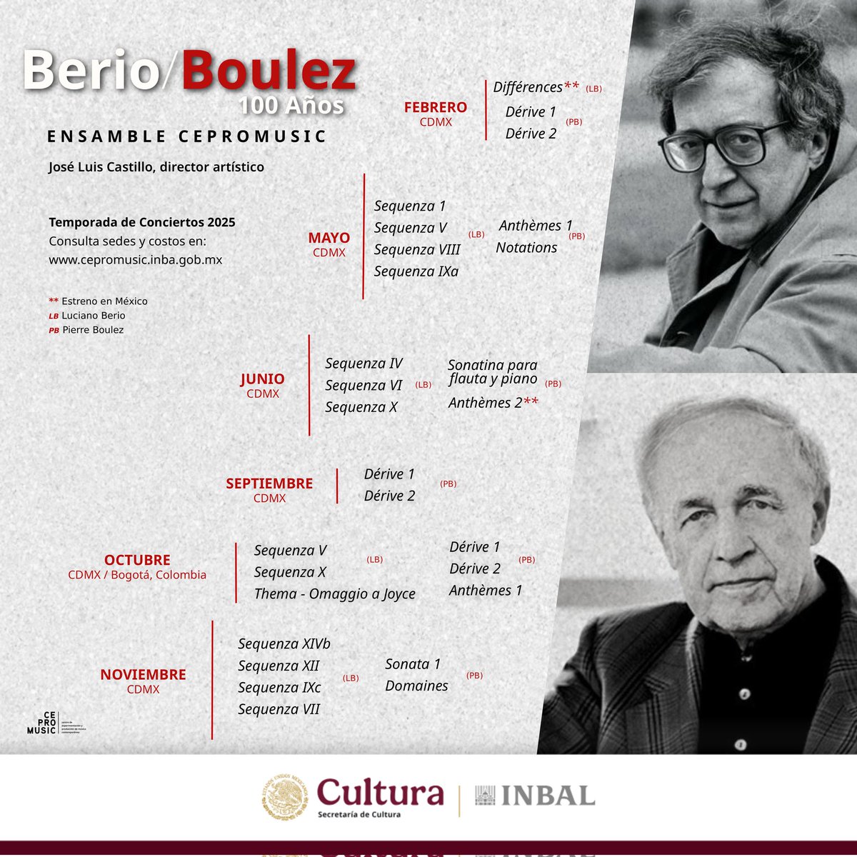 #CEPROMUSIC celebra a 2 grandes figuras de la música contemporánea con el ciclo Berio/Boulez 100 Años ✨️. 

El próximo 16 de octubre será la ocasión para escuchar Sequenza V, Sequenza X y Thema-Omaggio a Joyce de Berio, y Anthèmes 1 de Boulez. 

¡Aparta la fecha! ☺️✌️