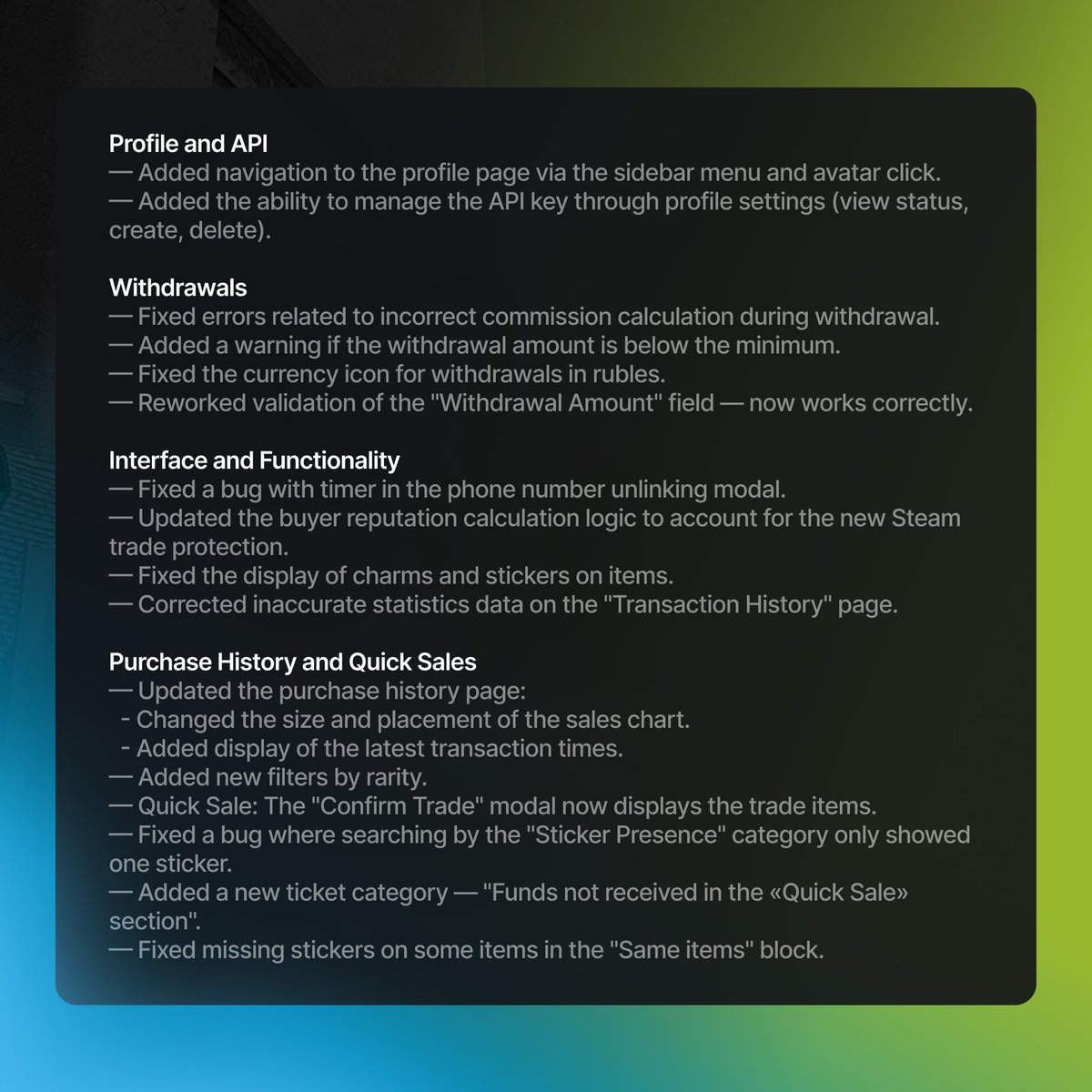 MarketCSGO_DEV's tweet image. We're always improving Market.CSGO for you! Check out the latest updates and fixes we've rolled out.

💬 Got ideas?
Share your thoughts and help us improve on our feedback portal: marketcsgo.featurebase.app

Thank you for being with us! ❤️