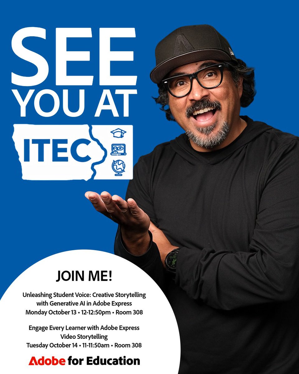 ClaudioZavalaJr's tweet image. 🎉 Headed to Des Moines for the ITEC Fall Conference, October 13–14! Excited to share how educators can bring creativity to life with @AdobeExpress 

🎨 Join my sessions on:
✨ Creative Storytelling with Generative AI — turn imagination into visuals in minutes
🎬 Engaging Every…