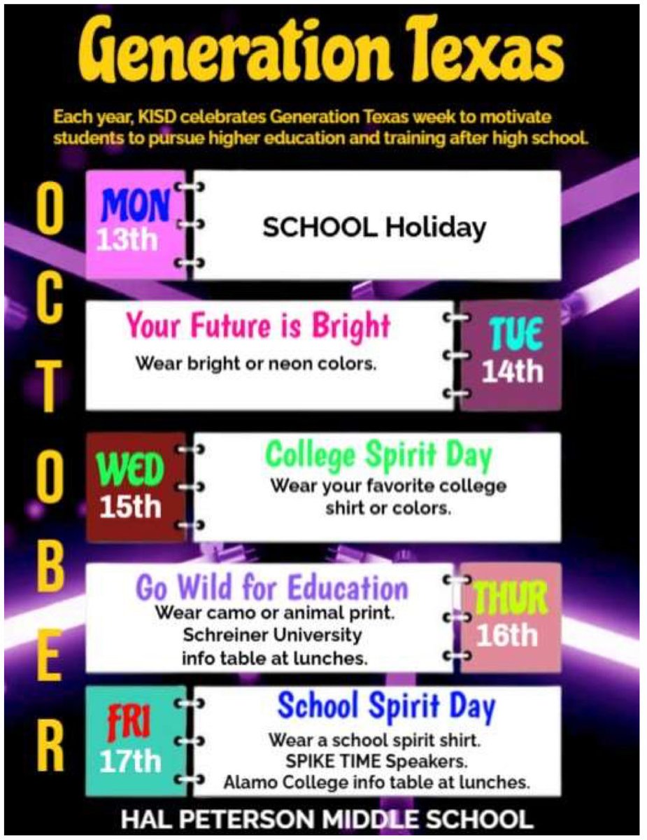 Rose Gonzales, MSEL (@mrsg03812) on Twitter photo Generation Texas week is upon us!  Checkout the calendar of events and dress schedule at HPMS!  #KISDinspires #petersonproud #KISDisHOMEtoME #togetherwecan <a href="/HPetersonMS/">HPetersonMS_KISD</a> Generation Texas week is upon us!  Checkout the calendar of events and dress schedule at HPMS!  #KISDinspires #petersonproud #KISDisHOMEtoME #togetherwecan <a href="/HPetersonMS/">HPetersonMS_KISD</a>