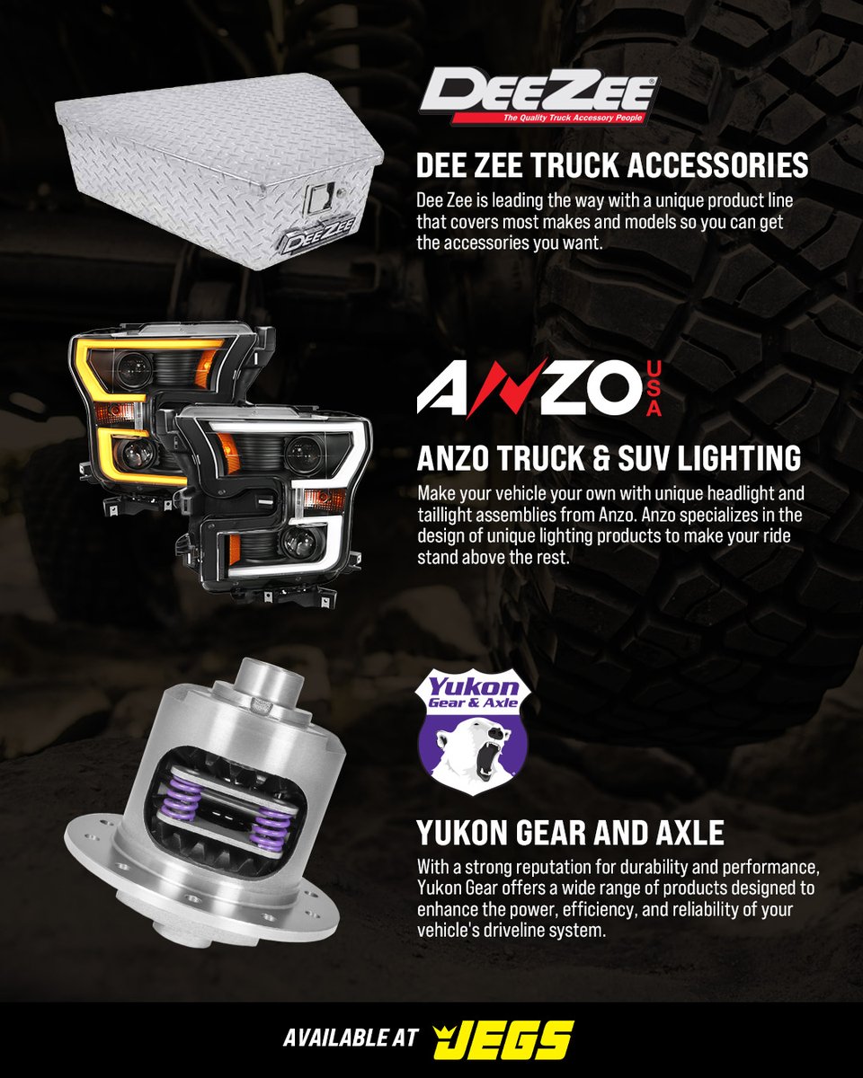 JEGSPerformance's tweet image. Whether you’re upgrading your truck’s style, adding tough accessories, or pushing for more performance, JEGS has you covered with trusted brands. From Dee Zee’s truck accessories, Anzo’s lighting upgrades, to Yukon’s proven gear and axle components, you’ll find the parts you need…
