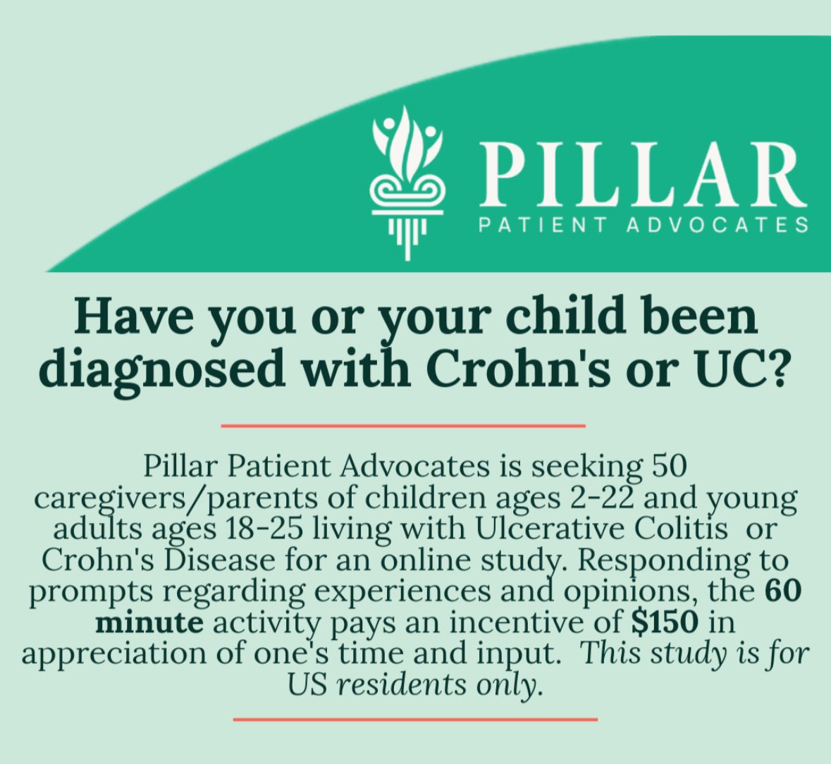 VoiceForIBD's tweet image. Attention #IBD parents/caregivers 🚨 @PillarAdvocates has an exciting PAID opportunity for parents/caregivers (of children ages 2-22) AND young adults 18-25 living with #IBD Earn 💲1️⃣5️⃣0️⃣ for just one hour of time! To see if you qualify, click link 👇🏼 
🔗 bit.ly/PillarIBDStudy…