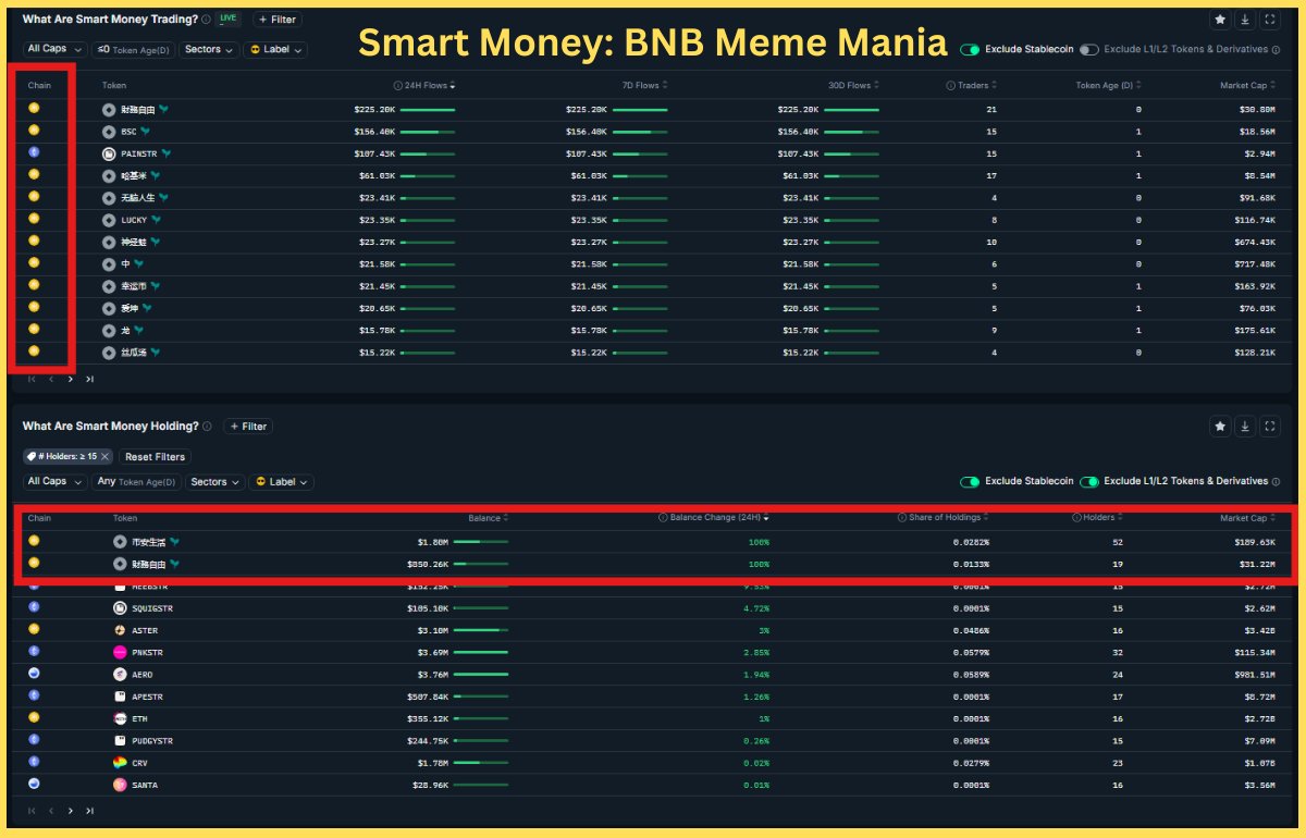 What is happening on <a href="/binance/">Binance</a> is wild 

⚠️A notable rotation of smart money wallets into the hottest trend: Chinese ticker memes in the last 24h

Notice how the majority of coins traded by these wallets are memes on Binance

So a meme coin (財務自由) inspired by the $BNB CEO