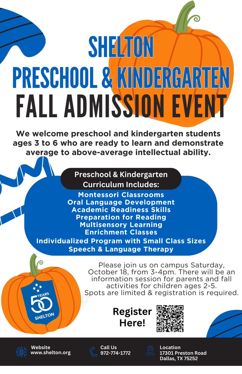SheltonSchool's tweet image. Discover how your child can thrive! Join us for our Fall Admission Event on Saturday, October 18, from 3–4pm. Parents will attend an info session while children enjoy fun fall activities 🍂🎨. #SheltonDallas #LearningWithoutLimits
➡️ ow.ly/Fxjm50X5IoT