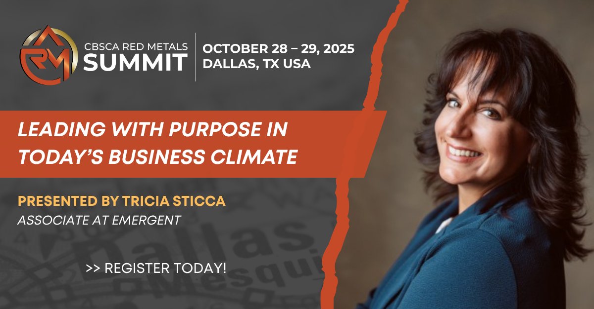 We're excited to welcome leadership coach Tricia Sticca of Emergent as a featured speaker at the 2025 CBSCA Red Metals Summit!

Learn to lead with purpose, clarity &amp; impact in today’s evolving business world.

Register: ow.ly/SACv50X8yle

#RedMetalsSummit #Leadership