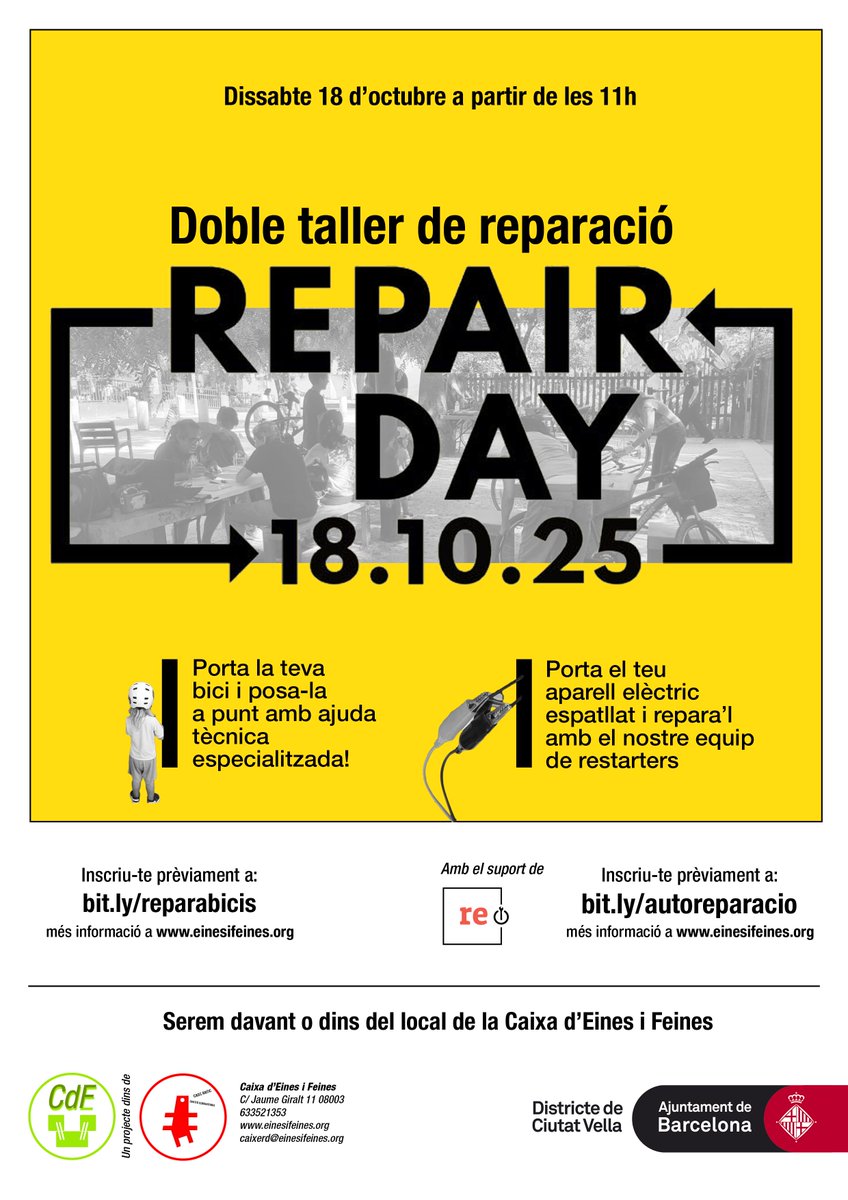 CdEinesiFeines's tweet photo. El 18 d'octubre, celebrem el Dia de la Reparació amb doble taller d'#autoreparació!
- bicis: posa la teva a punt amb la nostra mecànica experta: https://t.co/eBMpr2AvaL
- #restartparty: repara el teu aparell elèctric amb el nostre equip de @restartersbcn: https://t.co/gdkkIdC4q7 https://t.co/iwGuJFvoMb