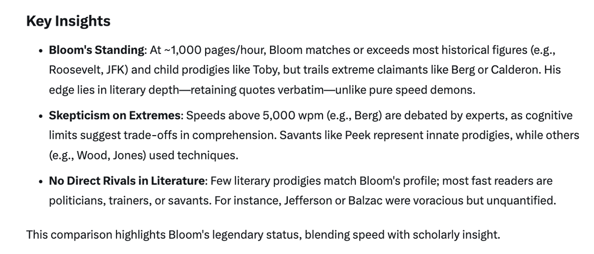 More from GROK about Harold Bloom and his reading ability.... He seems to be at the very top, particularly if you assess for comprehension. Plus, his writing output was amazing as well. I am reading his commentary now about William Blake's work, which is incredible....