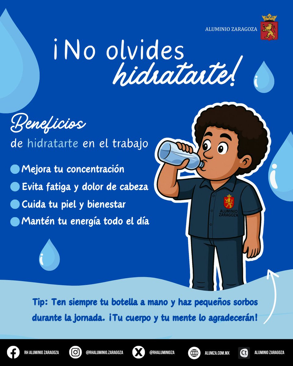 RHAluminioZA's tweet photo. 💧 En Aluminio Zaragoza sabemos que estar hidratados es clave para sentirnos bien en el trabajo.
Tomar agua durante tu jornada no es solo un hábito saludable, es una manera de cuidar tu mente y tu cuerpo mientras das lo mejor de ti cada día. https://t.co/vXYBwJgD88