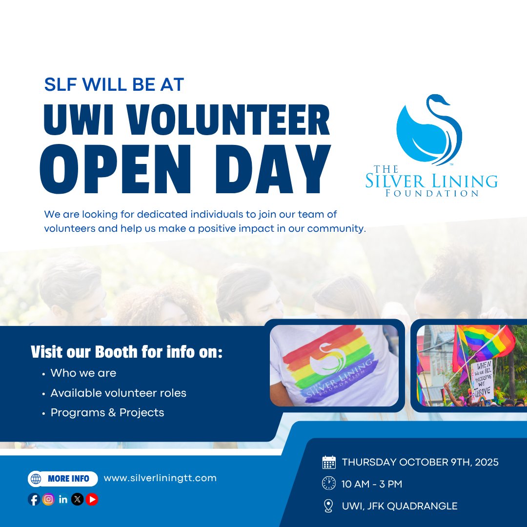 slftt's tweet image. SLF will be at the UWI Volunteer Open Day tomorrow! 

Visit our booth at UWI Volunteer Open Day and join the movement for safer schools and empowered youth! 🌈

📅 Thursday, October 9th, 2025
🕙 10 AM – 3 PM
📍 JFK Quadrangle, UWI St. Augustine Campus