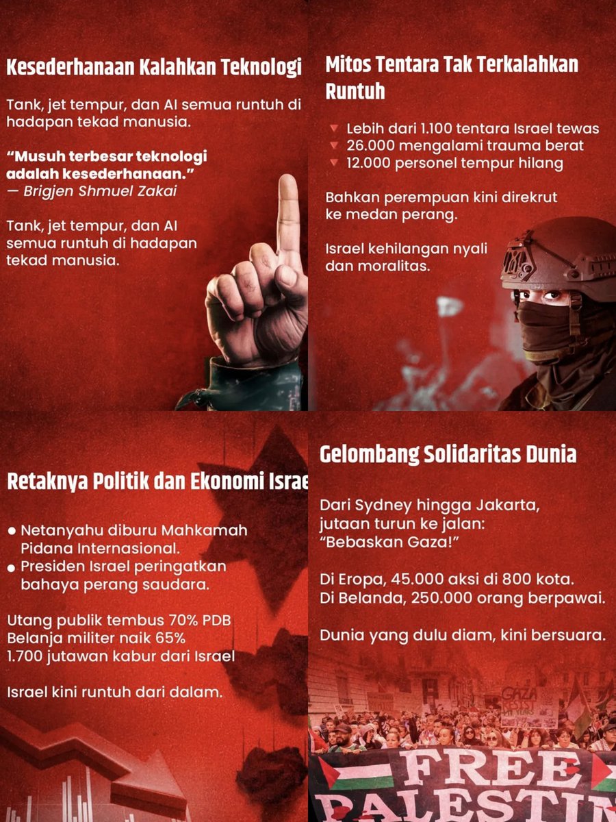 wiezhard's tweet photo. Gaza telah menang dipanggung dunia.Kini Israel bukan lagi simbol kekuatan, melainkan luka sejarah yang disaksikan dunia. Thufan Al Aqsha bukan sekedar perang, tapi kebangkitan kesadaran umat manusia.
#Palestine
#Gaza
#GazaGenocide‌
#FreeGaza 
#FreePalestine 
#victoryforpalestine https://t.co/70rmqBxfV6