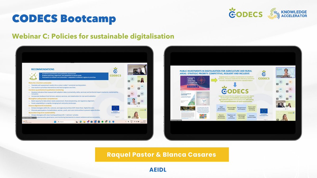 HORIZONCODECS's tweet image. The #CODECS Bootcamp concluded with its 7th Knowledge Accelerator webinar: Policies for Sustainable Digitalisation.
🌾 Ales Krisper (@ITU ) stressed the need for policy coherence & adaptive governance to integrate digitalisation in the new #CAP.
Blanca Casares & Raquel Pastor…