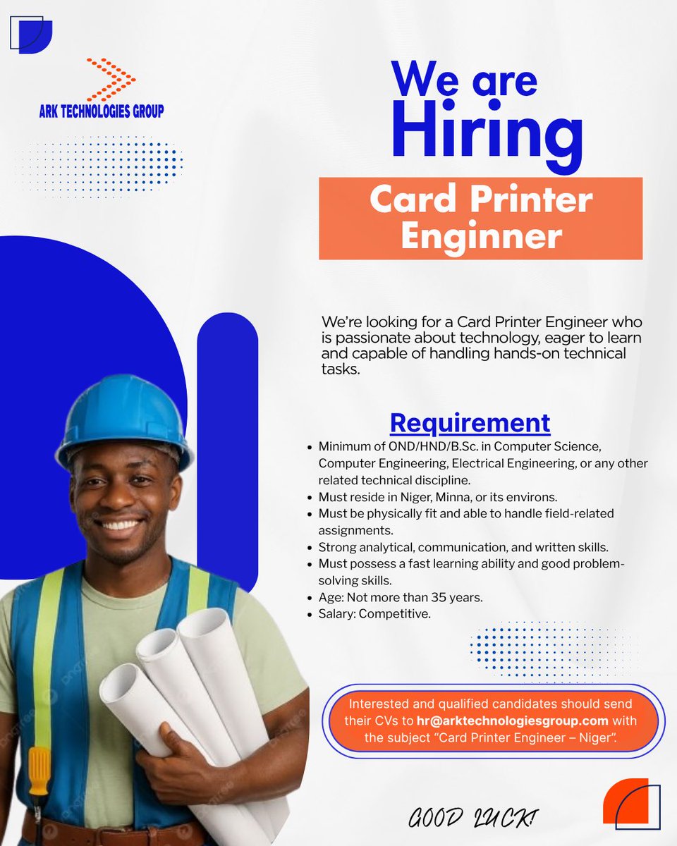 ark_techgroup's tweet image. Card Printer Engineer

Location: Niger / Minna or its environs

We’re looking for a Card Printer Engineer who is passionate about technology, eager to learn, and capable of handling hands-on technical tasks.