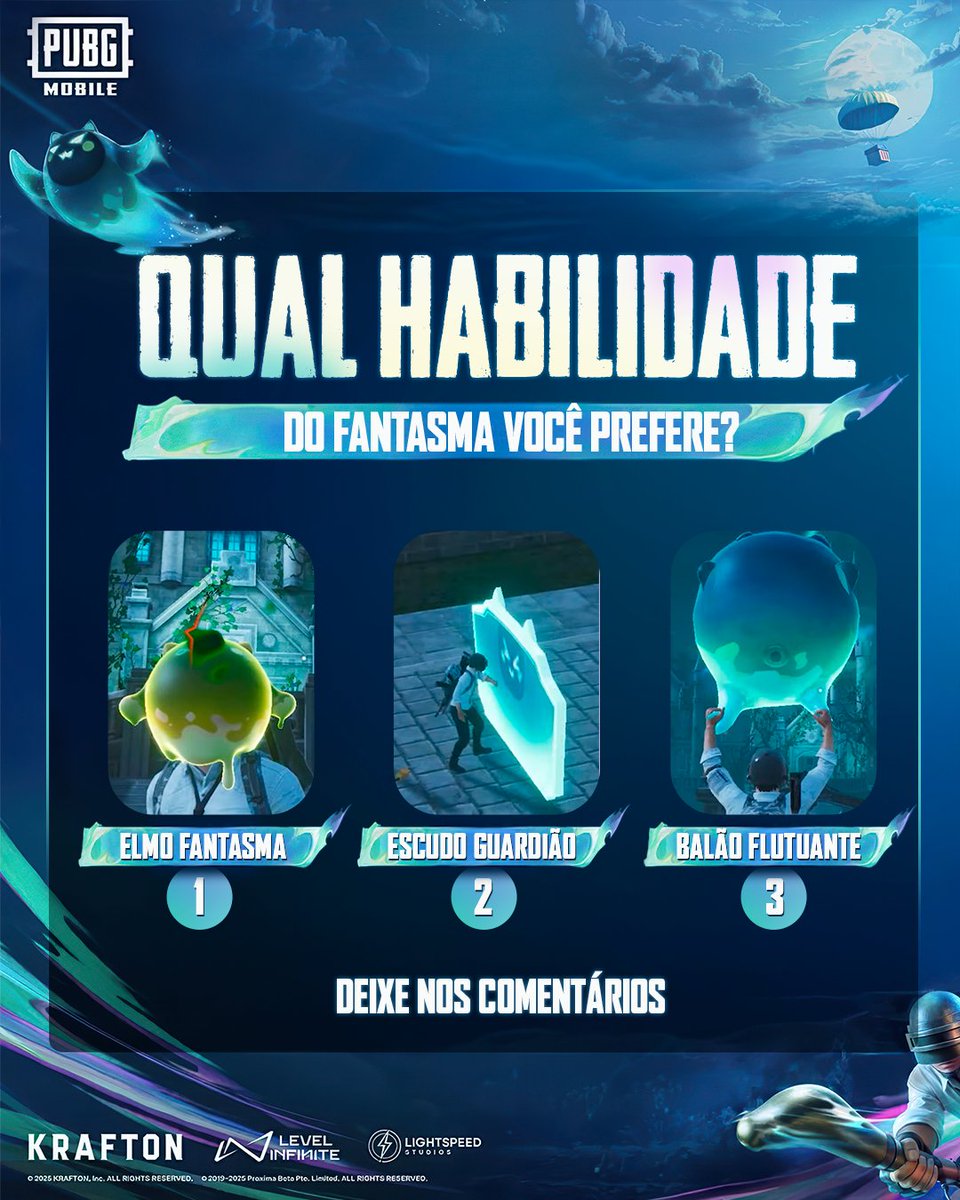 brPUBGMOBILE's tweet photo. E aí, qual habilidade do fantasma você mais curtiu nessa temporada? Conta pra gente nos comentários! 👻
#PUBGMOBILEBR https://t.co/ioimPM8z4i