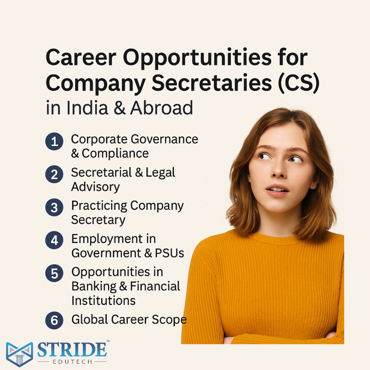 StrideEdutech's tweet image. 👩‍💼 Career Opportunities for Company Secretaries (CS):
1️⃣ Corporate Governance
2️⃣ Legal Advisory
3️⃣ Practice (Independent CS)
4️⃣ Govt &amp;amp; PSUs
5️⃣ Banking &amp;amp; Finance
6️⃣ Global Roles (UK, UAE, SG, Canada)

📞 +91 89396 88188 | 🌐 strideedutech.com

#StrideEdutech #CSCareer #ICSI