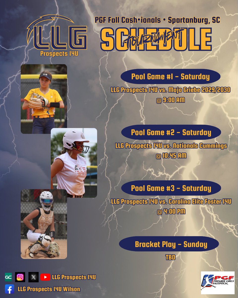 LLGProspects14U's tweet image. The girls will be back at it again this weekend at the PGF Fall Cash-ionals! Seeded pool games will take place Saturday, 10/11, with bracket play to start Sunday, 10/12. 

Follow along with us on YouTube or GameChanger @LLGProspects14U! #AllGoldAllGrind @Org_LLG @PGFnetwork