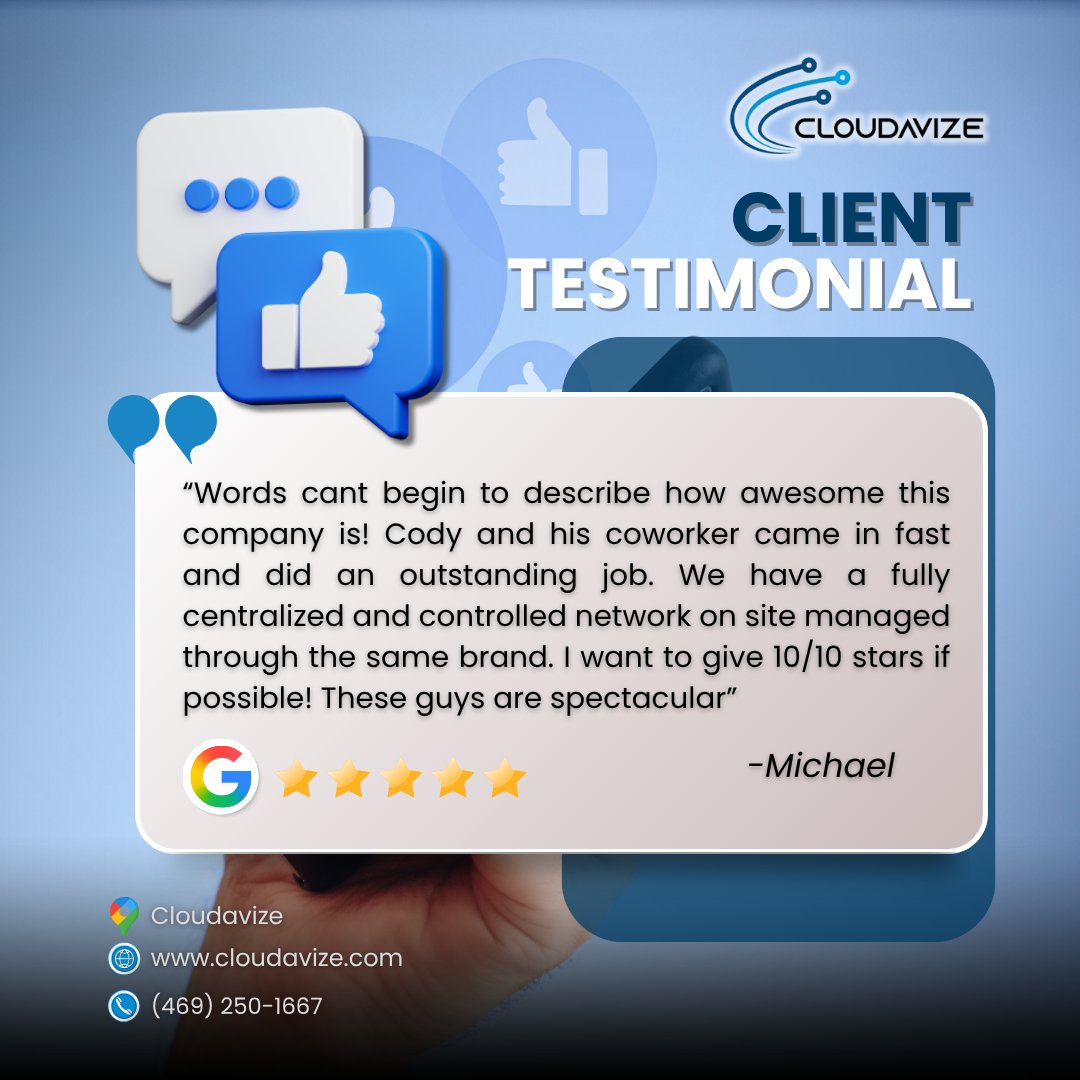 cloudavize's tweet image. We’re thankful for clients like Michael who trust us with their IT!

Our goal is to deliver fast, reliable, and secure solutions that keep businesses productive and connected.

Learn more: cloudavize.com/it-support-dal…

#ClientTestimonial #DallasITSupport #Cloudavize #ManagedIT
