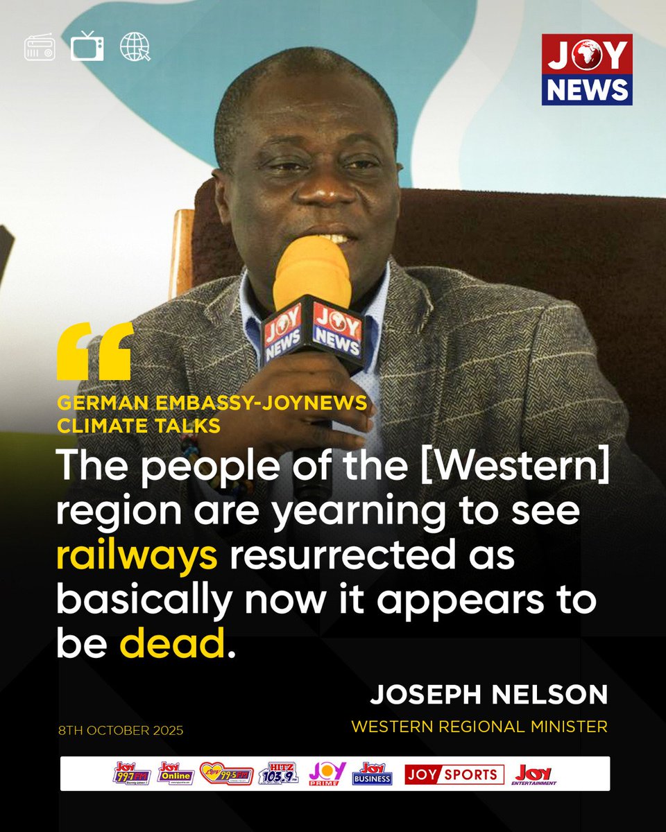 JoyNewsOnTV's tweet image. The people of the [Western] region are yearning to see railways resurrected as basically now it appears to be dead - Joseph Nelson, Western Regional Minister

Follow our WhatsApp channel for all the breaking stories: tinyurl.com/JoyNews-WhatsA…

#ClimateTalks