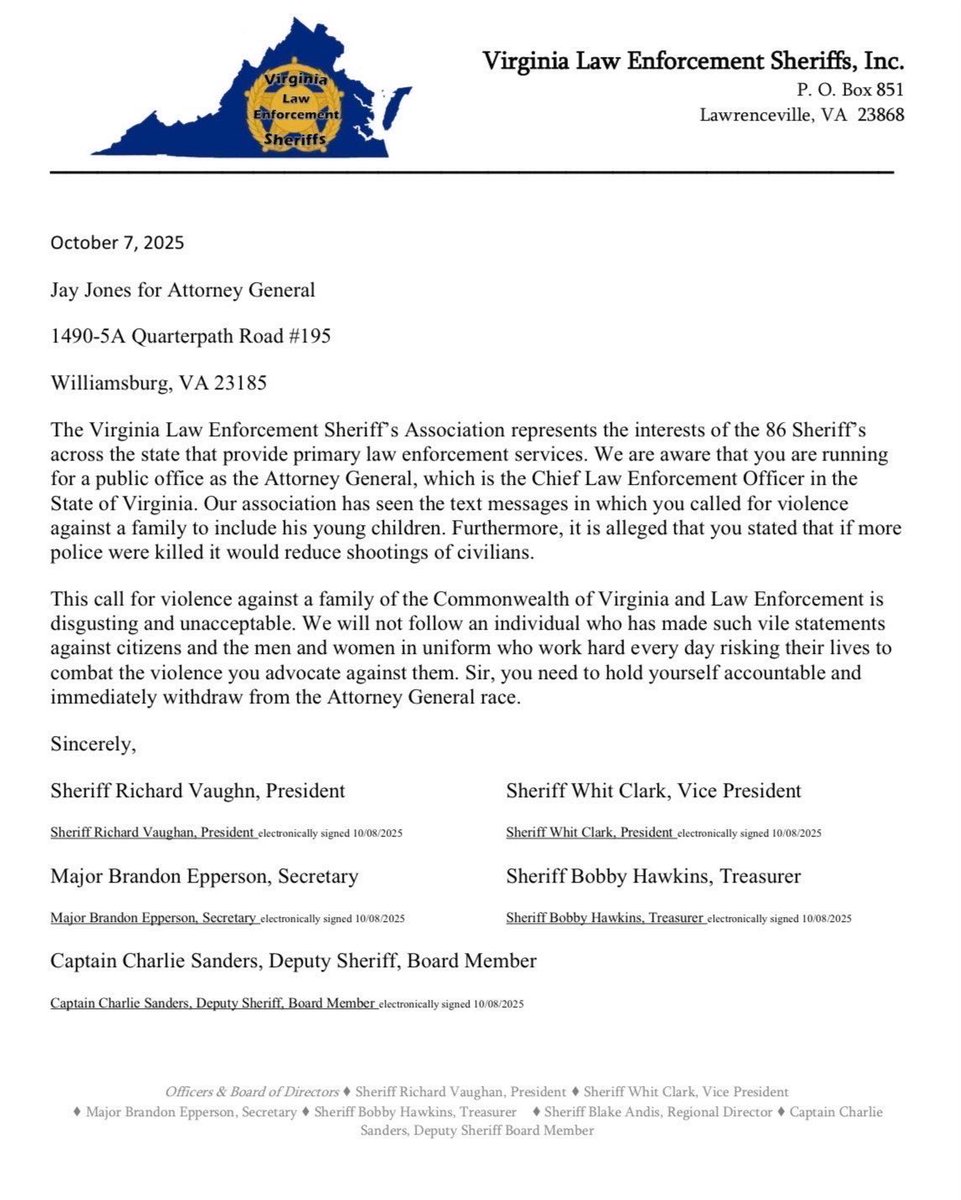 Nick Minock (@nickminock) on Twitter photo 🚨The Virginia Law Enforcement Sheriff's Association is calling on Jay Jones to exit the race for Virginia attorney general. 
“We will not follow an individual who has made such vile statements against citizens and the men and women in uniform who work hard every day risking 🚨The Virginia Law Enforcement Sheriff's Association is calling on Jay Jones to exit the race for Virginia attorney general. 
“We will not follow an individual who has made such vile statements against citizens and the men and women in uniform who work hard every day risking