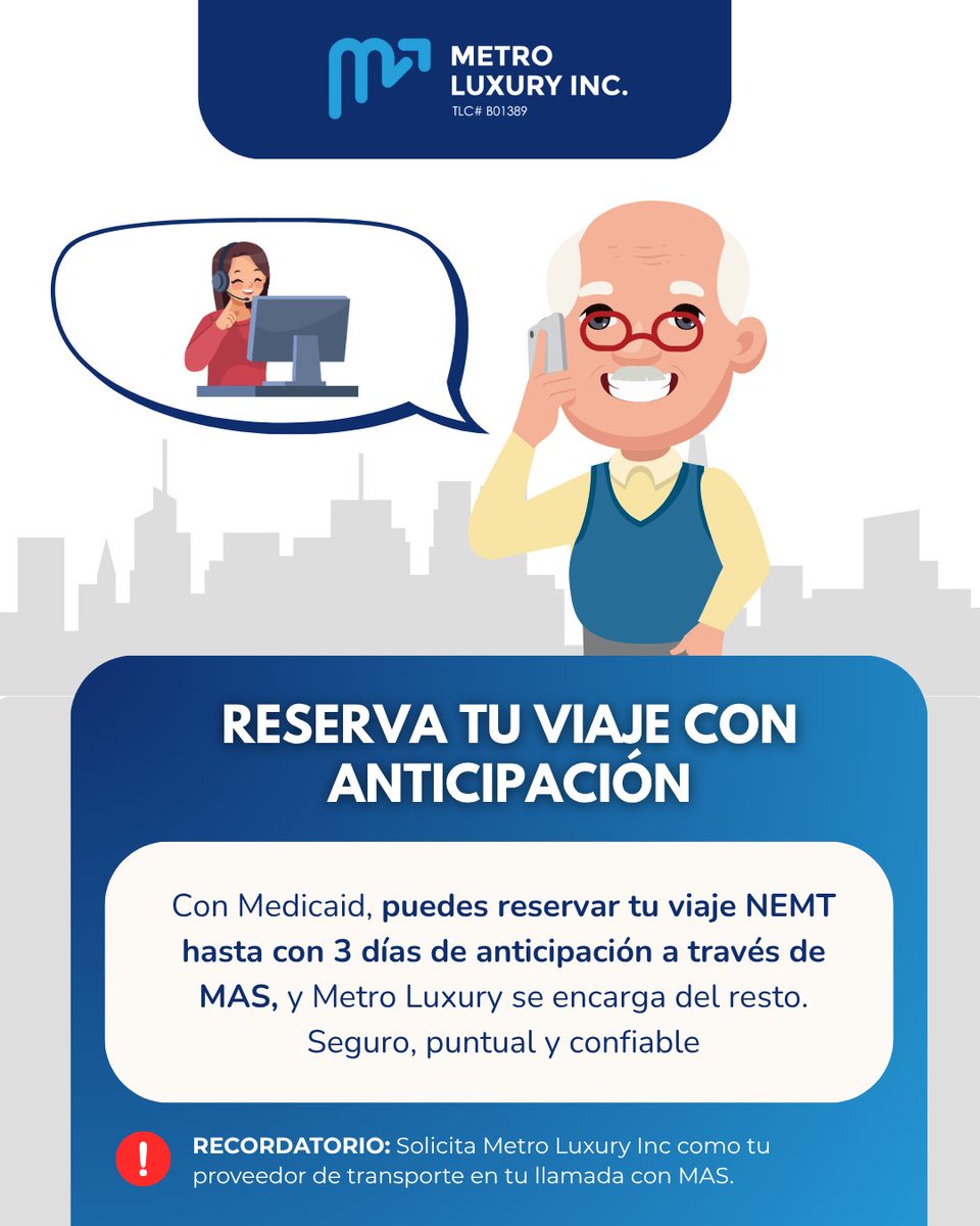 En Metro Luxury sabemos que tu tiempo y tu salud son importantes 💙
Por eso te recordamos que puedes programar tu transporte con hasta 3 días de anticipación.

#MetroLuxury #CuidadoConTransporte #TransporteMédico #MedicaidNY #CitasMédicas #Servicio24Horas