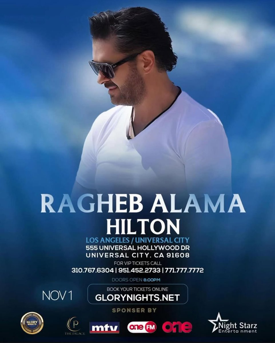 محبّو النجم الكبير السوبرستار #راغب_علامة على موعد معه في حفلة مميزة يوم ١ تشرين الثاني في #لوس_أنجلوس 
Super star #RAGHEBALAMA live on stage Los Angeles (Universal Hilton) November 1st 
Box office open now
glorynights.net
<a href="/raghebalama/">RaghebAlama</a>